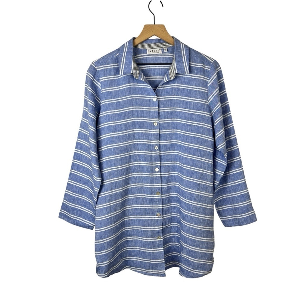 Habitat Blue White Stripe 100% Linen Button Front Tunic